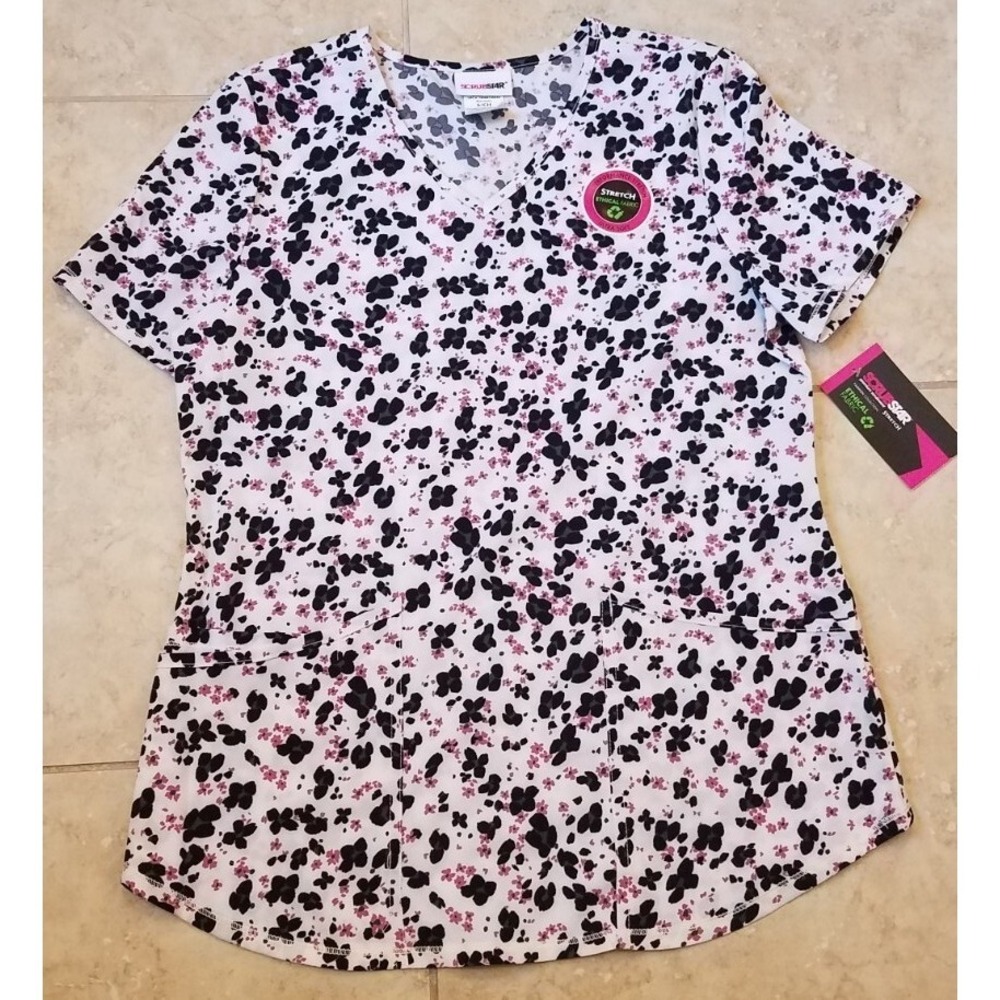 Scrubstar Women V-neck Scrub Top Cheetah Flowers Stretch‎ Sz Small NEW